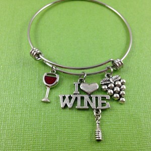 Wine Charm Bracelet, I Love Wine Bracelet, Wine Lover Bracelet, Wine Jewelry, Wine Glass Charm, Grapes Charm, Gift for Wine Lover image 2