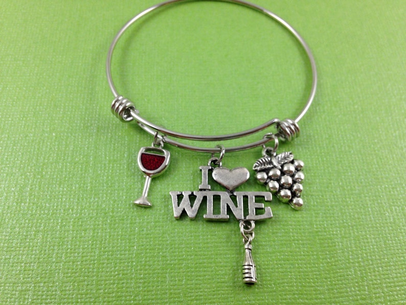 Wine Charm Bracelet, I Love Wine Bracelet, Wine Lover Bracelet, Wine Jewelry, Wine Glass Charm, Grapes Charm, Gift for Wine Lover image 2