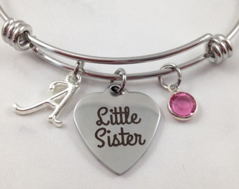 Little Sister Bracelet, Little Sister Bangle, Sister Charm Bracelet, Personalized Bangle, Initial Charm, Monogrammed Bangle, Gift for Sister