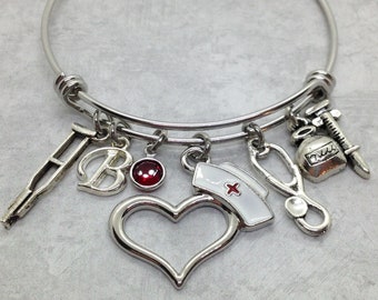 Personalized Nurse Charm Bangle Bracelet, Custom Gift, Graduation Present