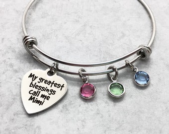 Mimi Birthstone Charm Bangle Bracelet, My Greatest Blessings call me Mimi, Gift for Grandma, Keepsake Gift, Valentine Gift