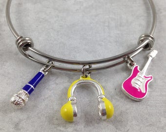 Music Bracelet, Microphone Charm, Guitar Charm, Headphone Charm, Music Lover Gift, Band Bangle