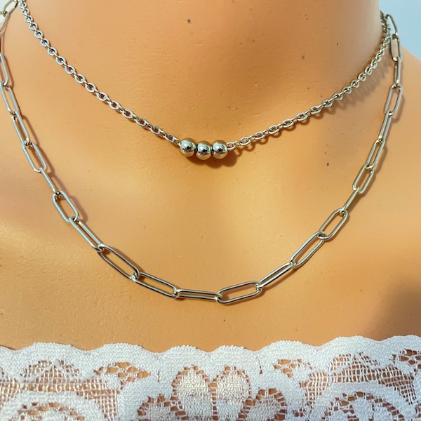 Double Layer Choker Set, Stainless Steel Layered Necklace Set, Paper Clip Chain, Set of Two Chains, Minimalist Jewelry for Her