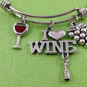 Wine Charm Bracelet, I Love Wine Bracelet, Wine Lover Bracelet, Wine Jewelry, Wine Glass Charm, Grapes Charm, Gift for Wine Lover image 1