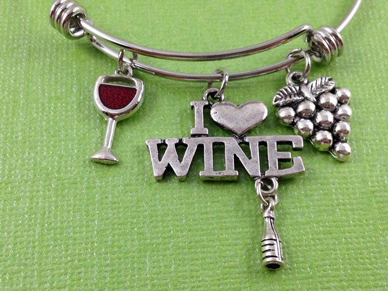 Wine Charm Bracelet, I Love Wine Bracelet, Wine Lover Bracelet, Wine Jewelry, Wine Glass Charm, Grapes Charm, Gift for Wine Lover image 1