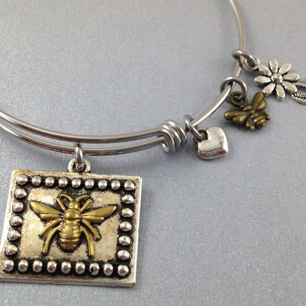 Bee Charm Bracelet, Bumblebee Bangle, Bee Jewelry, Bangle Bracelet