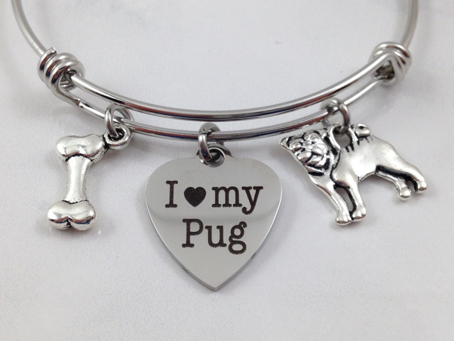 Pug Charm Bracelet Pug Charm Bangle I Love My Pug Dog Etsy