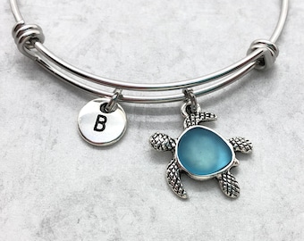 Sea Glass Turtle Bracelet, Turtle Bangle, Personalized, Gift for Turtle Lover, Turtle Jewelry, Gift Under 15