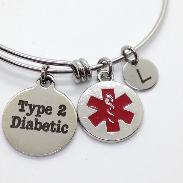 Type 2 Diabetic Medical Alert ID Bangle Bracelet, Diabetes Awareness Jewerly