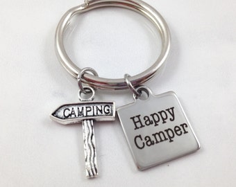 Camping Keychain, Happy Camper Keychain, Outdoor Accessory, Summer Keychain, Camping Sign Charm, Gift for Camper, Gift Under 10