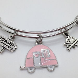 Camping Bangle Bracelet, Pink RV, Glamping Charm Bracelet, Gift for Camper image 1