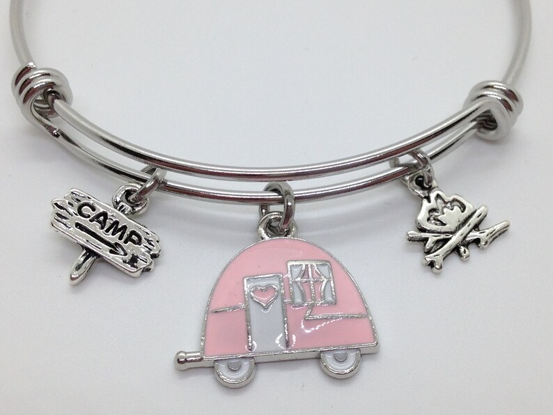 Camping Bangle Bracelet, Pink RV, Glamping Charm Bracelet, Gift for Camper image 1