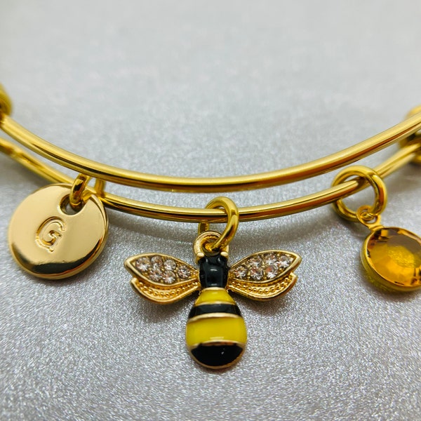 Bee Bangle Bracelet, Bumble Bee Jewelry, Bee Keeper Gift, Personalized Gift, Bee Lover