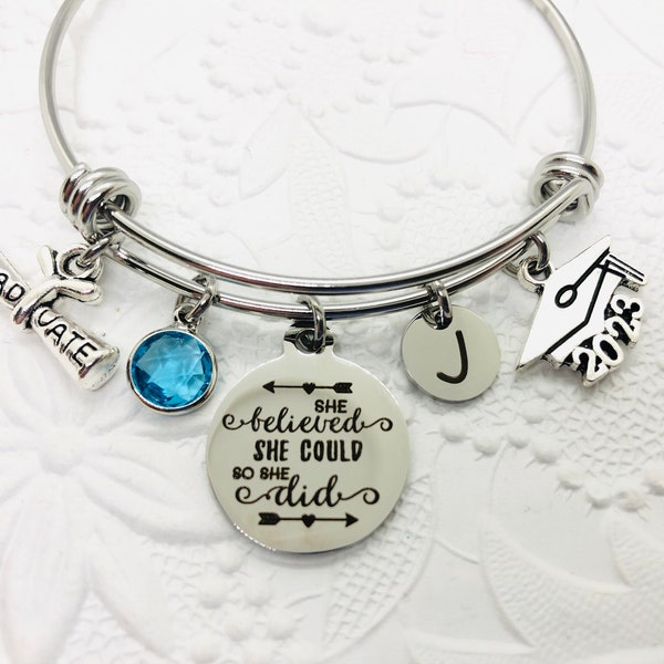 2023 Graduation Personalized Charm Bangle Bracelet Gift for Her, High School Grad Gift, College Grad, Daughter Grad Gift