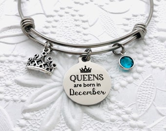 Queen Bracelet, Queens are Born in December Bangle, December Birthday Gift Bracelet, Crown Bracelet, Birthstone Bangle