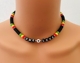 Rasta One Love Unisex Heishi Bead Necklace, Reggae Jewelry, Jamaican Theme