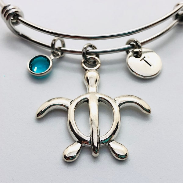 Sea Turtle Bracelet, Personalized Turtle Jewelry, Hawaiian Honu Bangle, Gift for Turtle Lover, Girls and Women Sizes