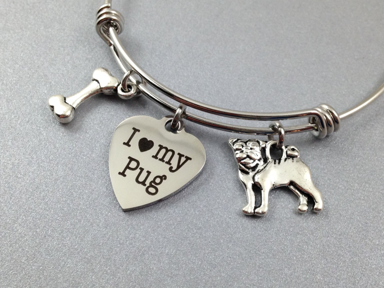 Pug Charm Bracelet Pug Charm Bangle I Love My Pug Dog Etsy