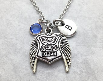 Personalized Police Officer Memorial Necklace, Fallen Officer Necklace, Sympathy Gift, Police Badge, Initial, Birthstone