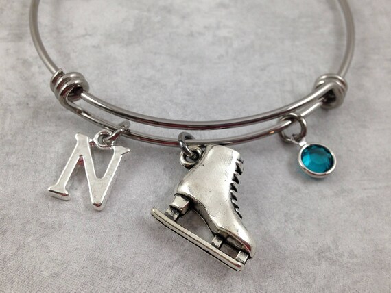 Sporting Personalised Jewellery Ice Skating Charm Bangle Ice Skates Bracelet Figure Skating Initial /& Birthstone Crystal