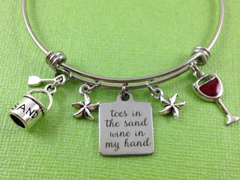 Beach Charm Bracelet, Wine Charm Bracelet, Beach Bangle, Toes in the Sand Wine in My Hand, Sand Pail Charm, Wine Glass Charm, Starfish Charm afbeelding 1