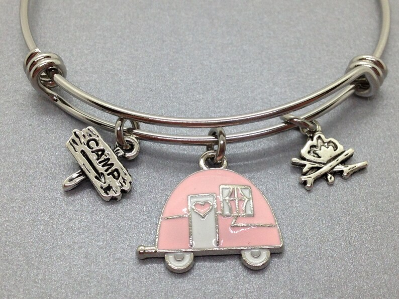 Camping Bangle Bracelet, Pink RV, Glamping Charm Bracelet, Gift for Camper image 2