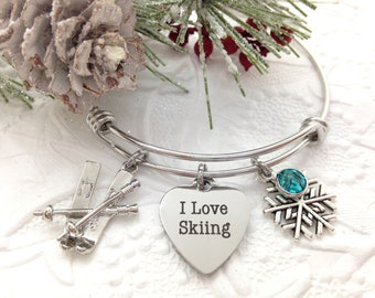 Skier Charm Bangle Bracelet, Skiing Jewelry, Gift for Skier, Ski Bracelet, I Love Skiing, Birthstone Charm, Christmas Gift, Stocking Stuffer