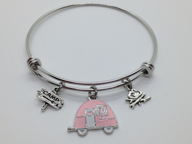 Camping Bangle Bracelet, Pink RV, Glamping Charm Bracelet, Gift for Camper image 3