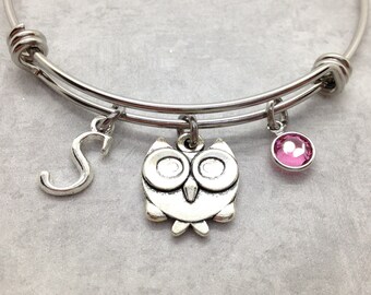 Personalized Owl Bangle Bracelet, Owl Jewelry, Owl Gifts, Owl Lover Gift, Girls and Womens Size Bracelet