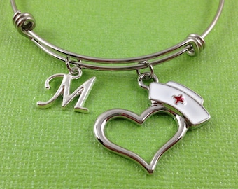 Nurse Charm Bracelet, Nurse Charm Bangle, Personalized Nurse Bangle, Initial Bracelet, Nurse Jewelry, Nurse Gift, Initial Nurse Bracelet