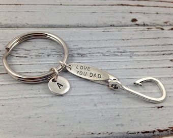 Love You Dad Keychain, Fishing Hook Charm, Personalized Keychain, Custom Keychain, Initial Charm, Monogrammed Keychain, Fishing for Dad