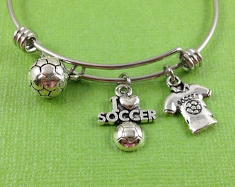 Soccer Charm Bracelet, Soccer Charm Bangle, Soccer Jewelry, Sports Jewelry, Gift for Soccer Player, Gift for Soccer Coach, Gift Under 20