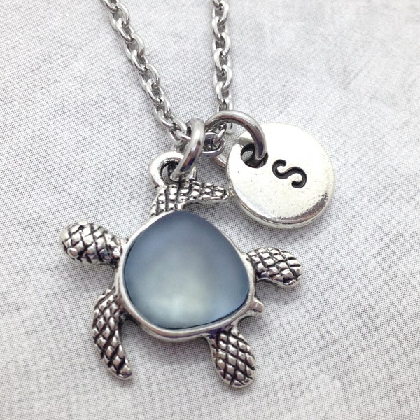 Personalized Sea Turtle Necklace, Blue Sea Glass Turtle Necklace, Turtle Lover Gift, Turtle Jewelry