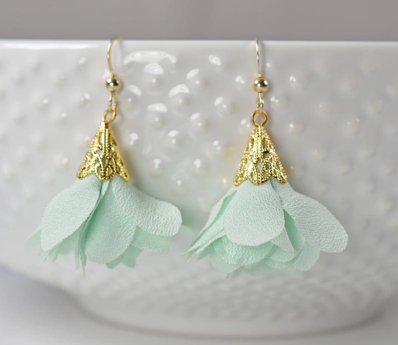 Mint Chiffon Tassel Flower Earrings Mint and Gold Boho Chic Etsy