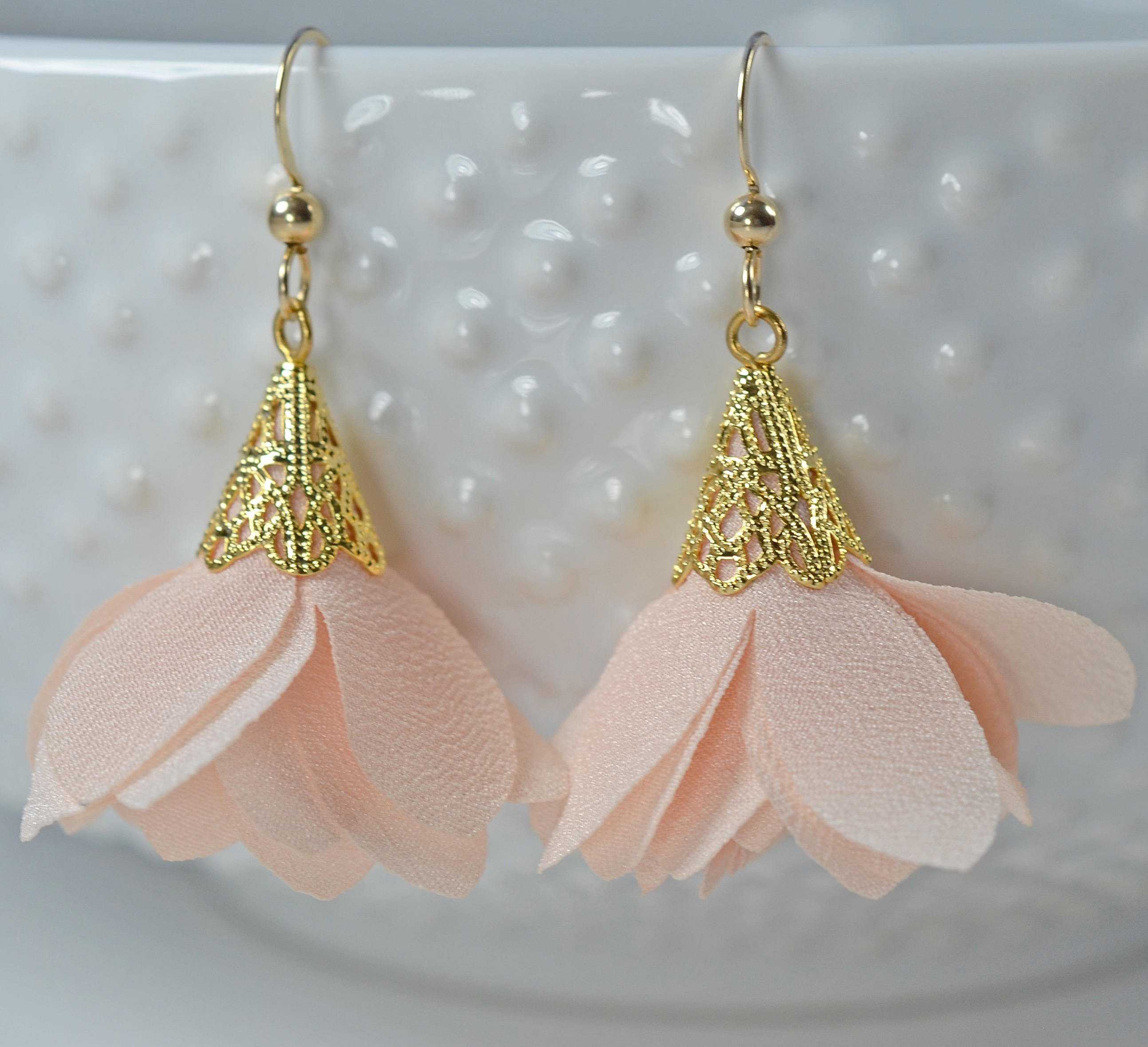 Peach Chiffon Tassel Flower Earrings Peach and Gold Etsy