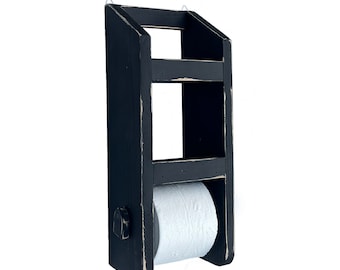 Distressed Black Wood Toilet Paper Holder with Shelves: Rustic Farmhouse Bathroom Decor