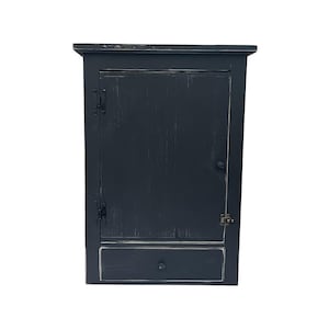 Handmade Distressed Black Wood Cabinet with Drawer and Decorative Latch: Rustic Farmhouse Spice Storage