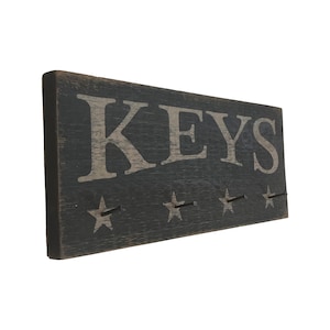 Distressed Black KEYS Wood Sign with Nail PEGS and Stars - Handmade Primitive Rustic Farmhouse Country Home Decor - Key Rack