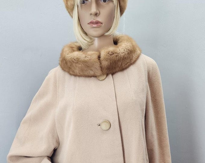 Featured listing image: 60s Vintage Camel Cashmere Coat with Vintage Fur Collar - XXL