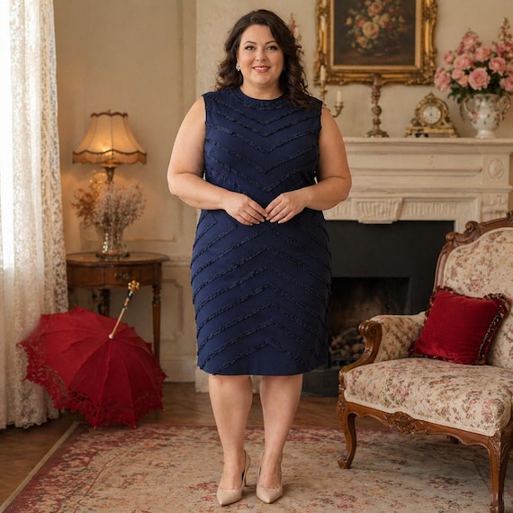 lane bryant blue dress 1960s Navy Shift Dress, Ruffle Ribbon Trim Sleeveless, Plus Size Vintage Cocktail - 1X 2X Secondary color:Beige patchwork dress Misha Ember Wrapped Dress Midi dress