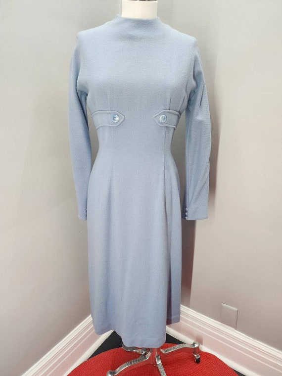 50s Jonathan Logan Baby Blue Wool Sheath Dress - M