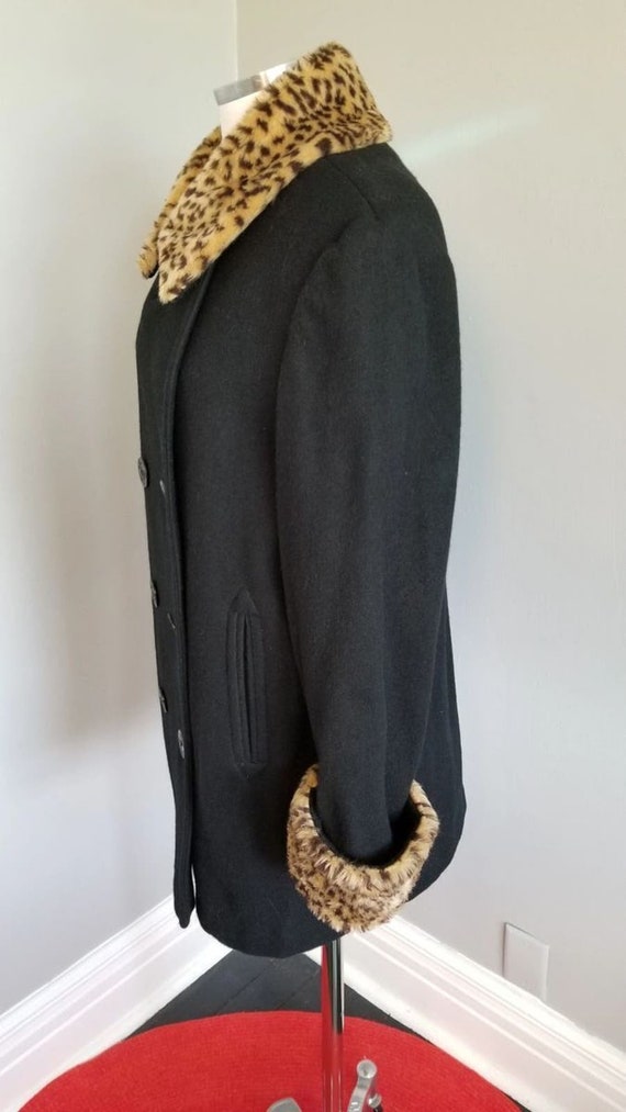 80s Black Wool Pea Coat with Leopard Collar & Cuf… - image 3