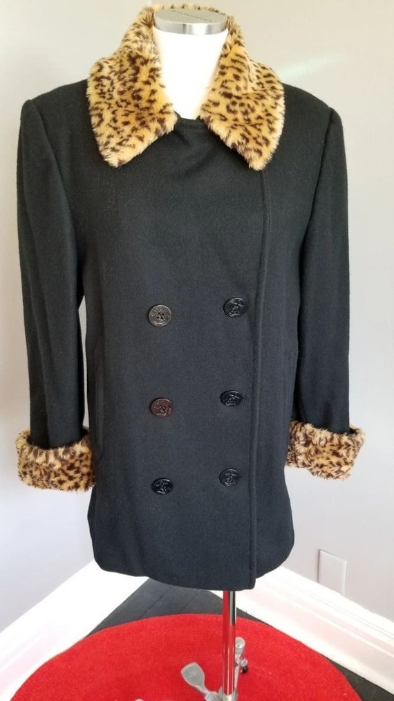 80s Black Wool Pea Coat with Leopard Collar & Cuf… - image 1