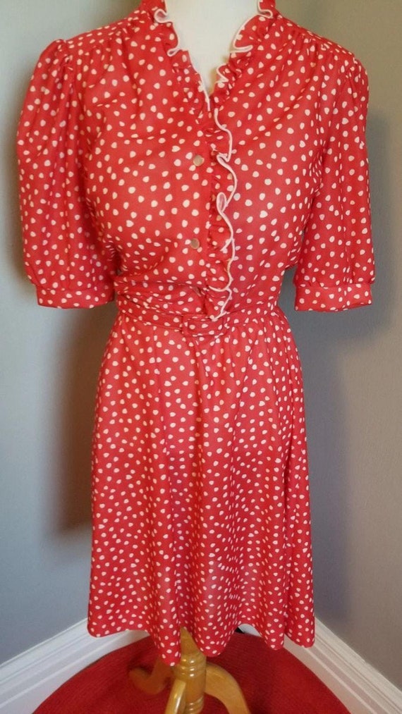 80s Vintage Rockabilly Red and White, Heart Polka Dot Dress by