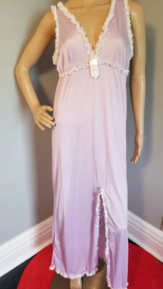 70s Vintage Lavender Column Gown with Lace Trim - 