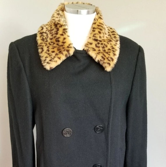 80s Black Wool Pea Coat with Leopard Collar & Cuf… - image 2