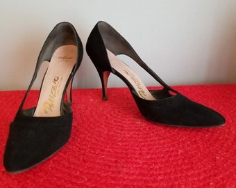 50s Vintage Palizzio Stilettos Shoes in Black Suede - 6.5