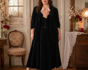 1980s Black Velvet 3 Piece Skirt Suit, Vintage Velvet Jacket Vest Skirt Set, Western Stage Outfit, Handmade - XL
