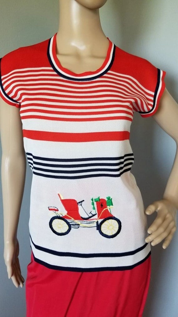 70s Vintage JOYCE Red, White & Blue Top with Embro