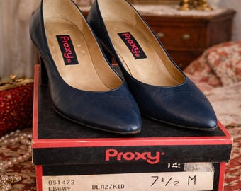 80s Vintage Proxy Navy Blue Leather Pumps, Classic Pointed Toe Heels, Original Box, Size 7.5M, Mid Heel Career Shoes